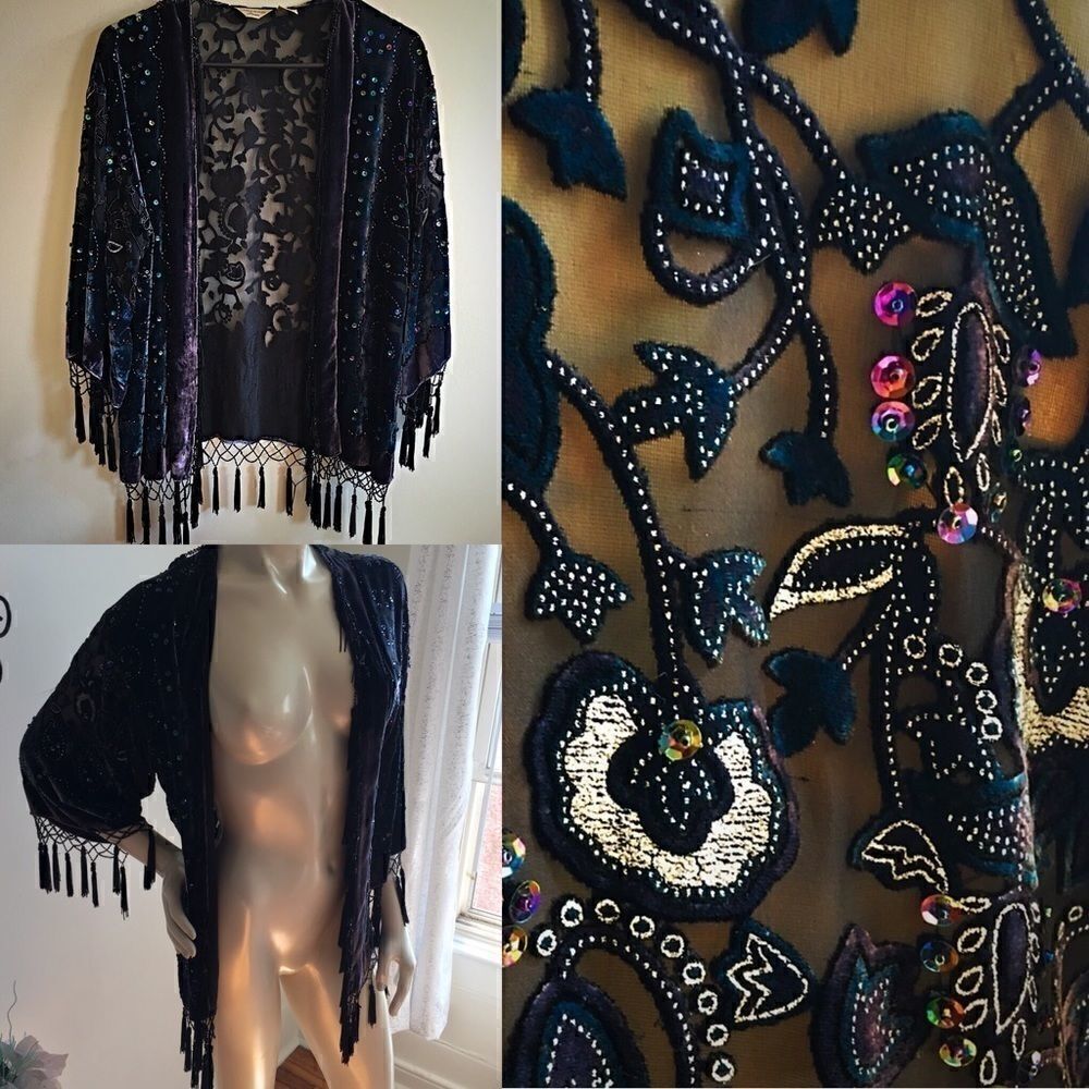 Laura Ashley SILK Velvet sheer rainbow sequin cardigan